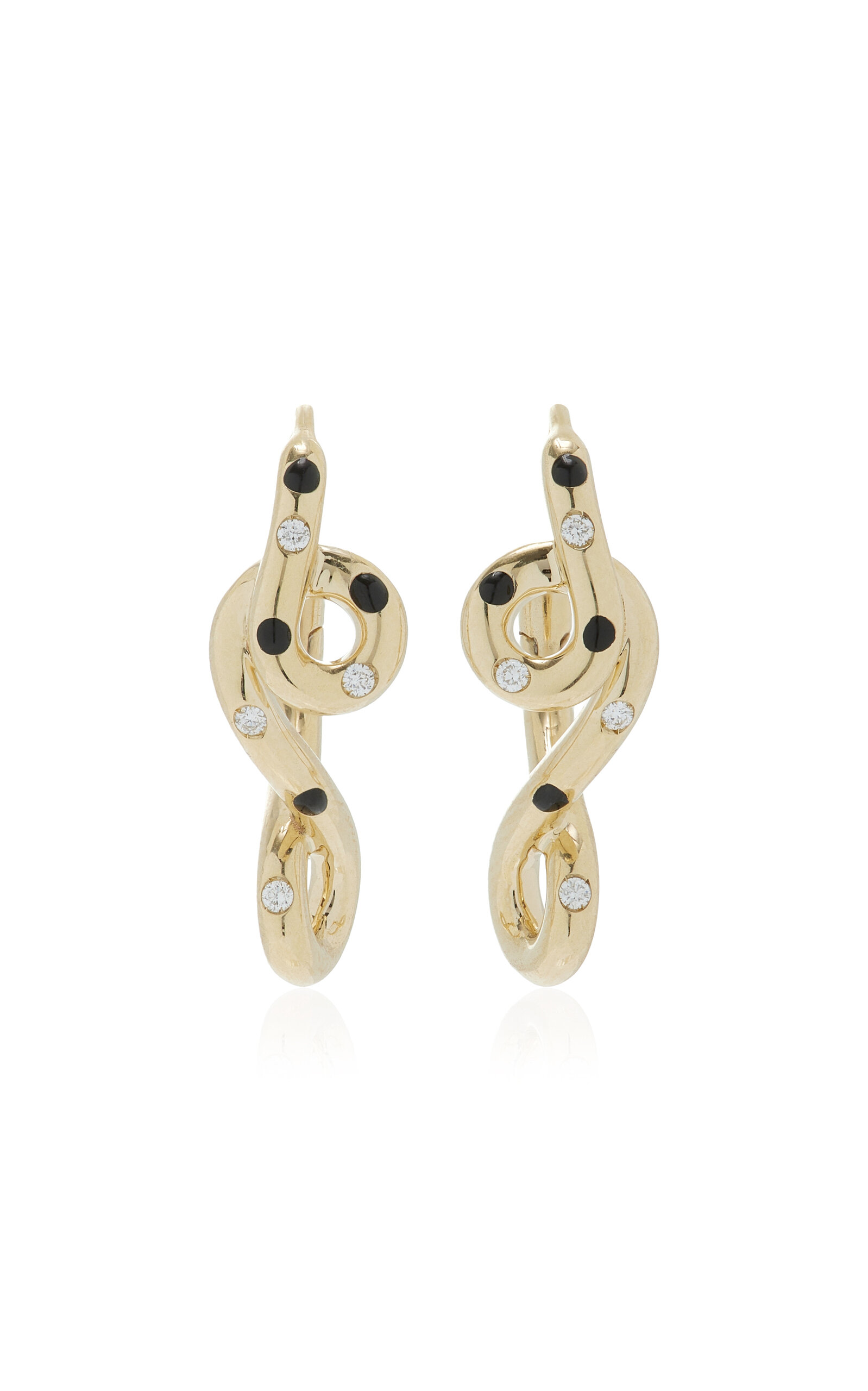 Double Wave Enameled 9K Yellow Gold Diamond Hoop Earrings