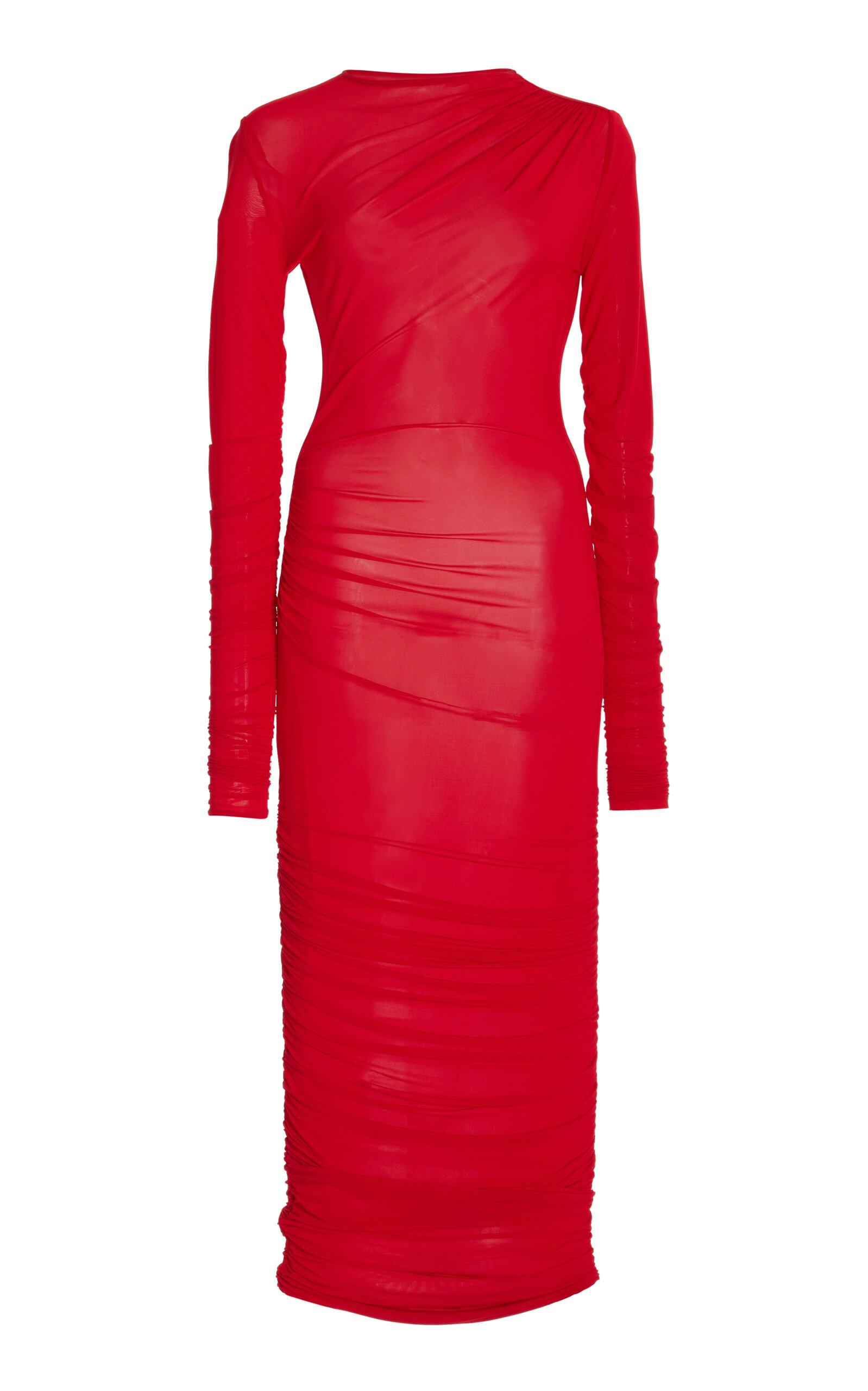 Sergio Hudson Sheer Ruched Stretch Wool Midi Dress In Red