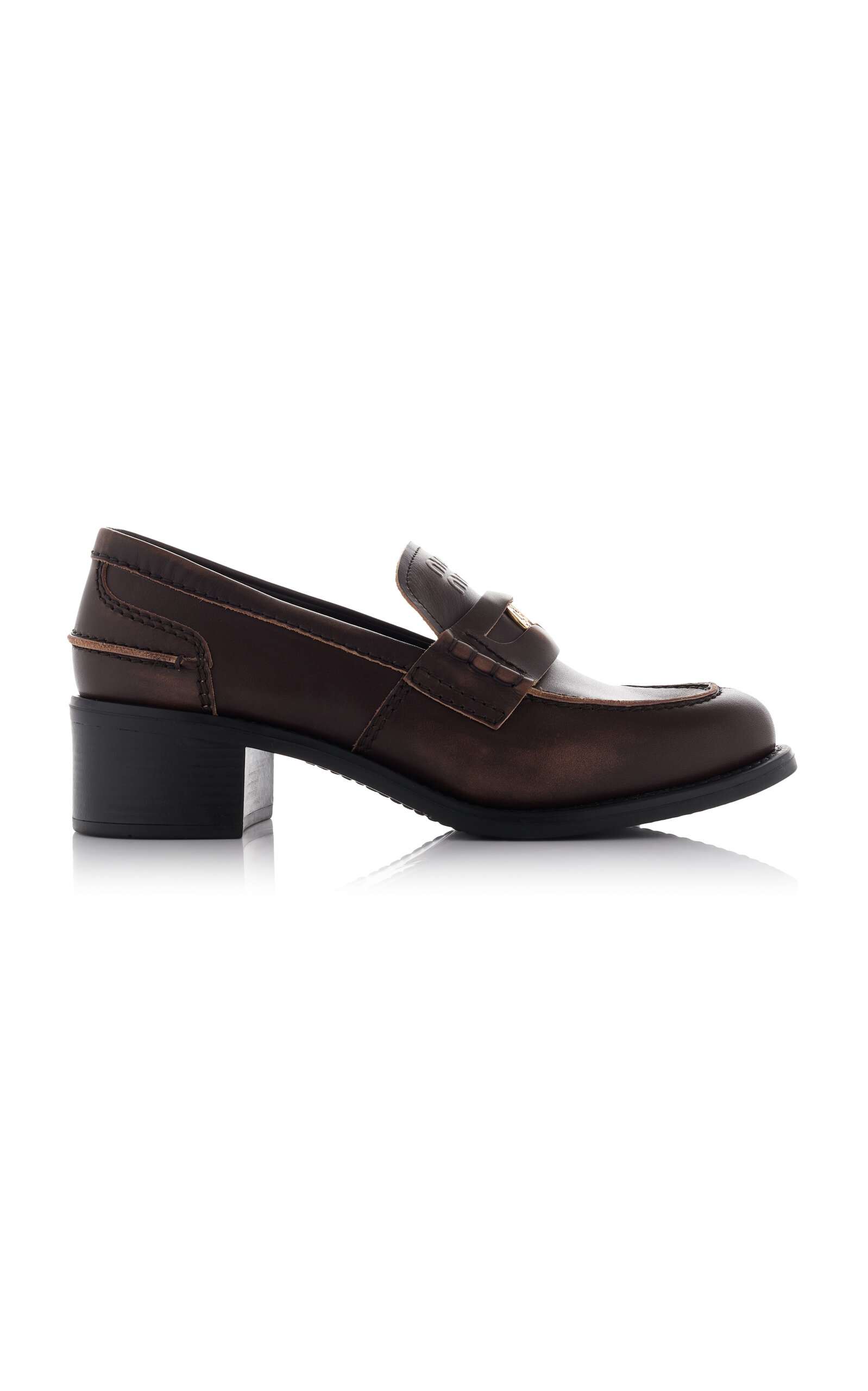 Miu Miu Leather Heeled Penny Loafers In Brown
