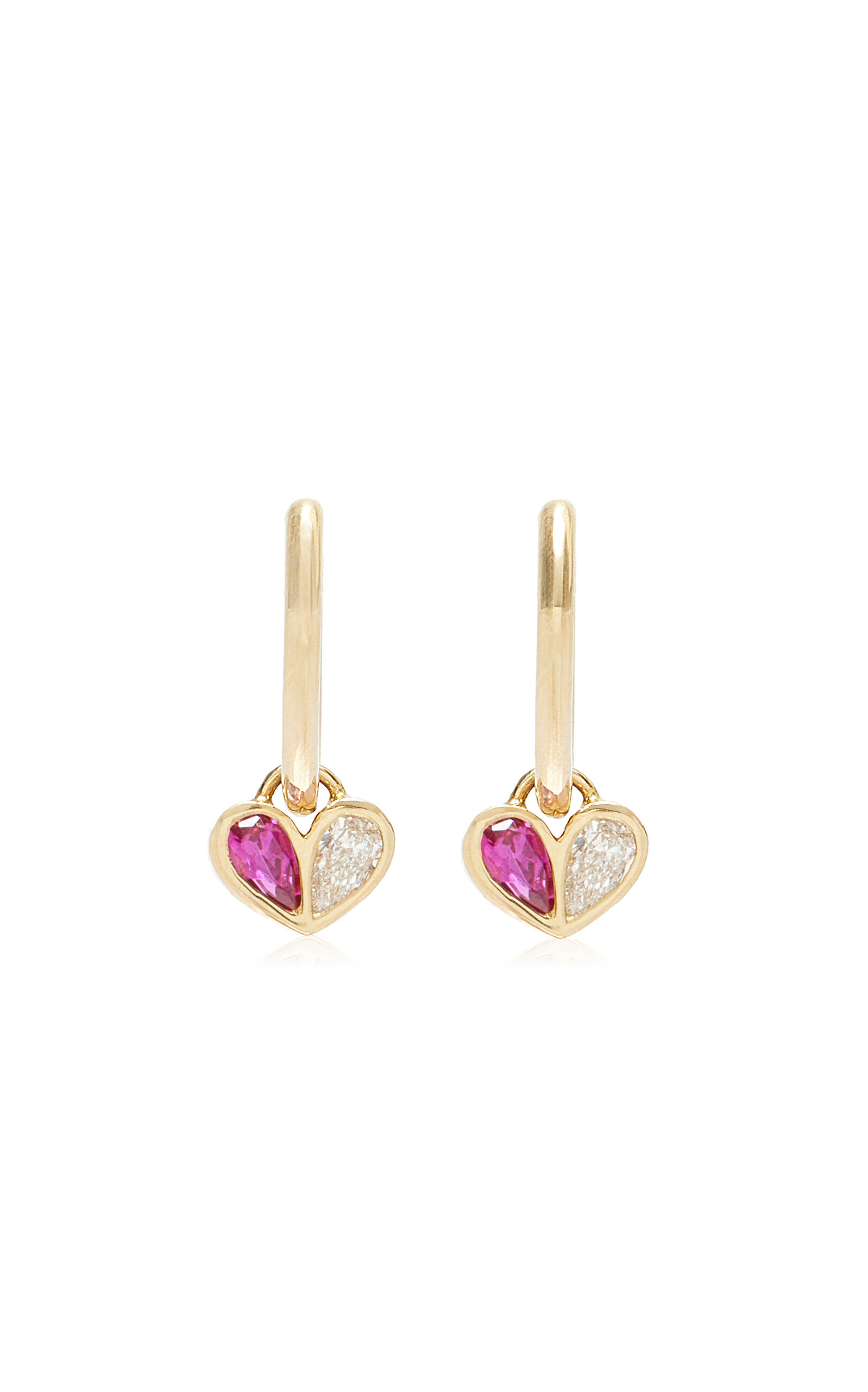 Sweetheart 18K Yellow Gold Diamond; Ruby Huggie Earrings