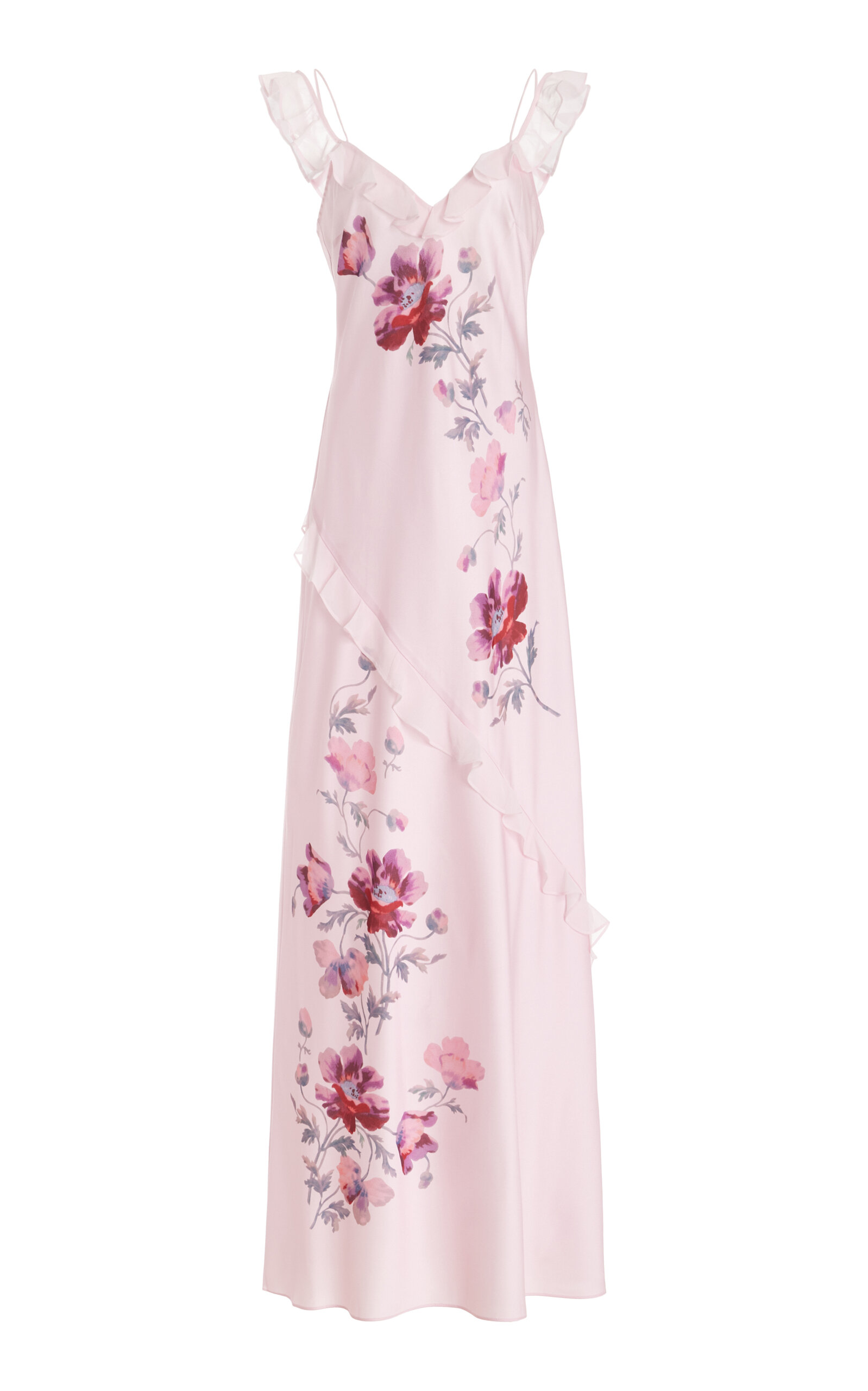LoveShackFancy Parisa Off-The-Shoulder Floral Satin Maxi Dress - Light Pink
