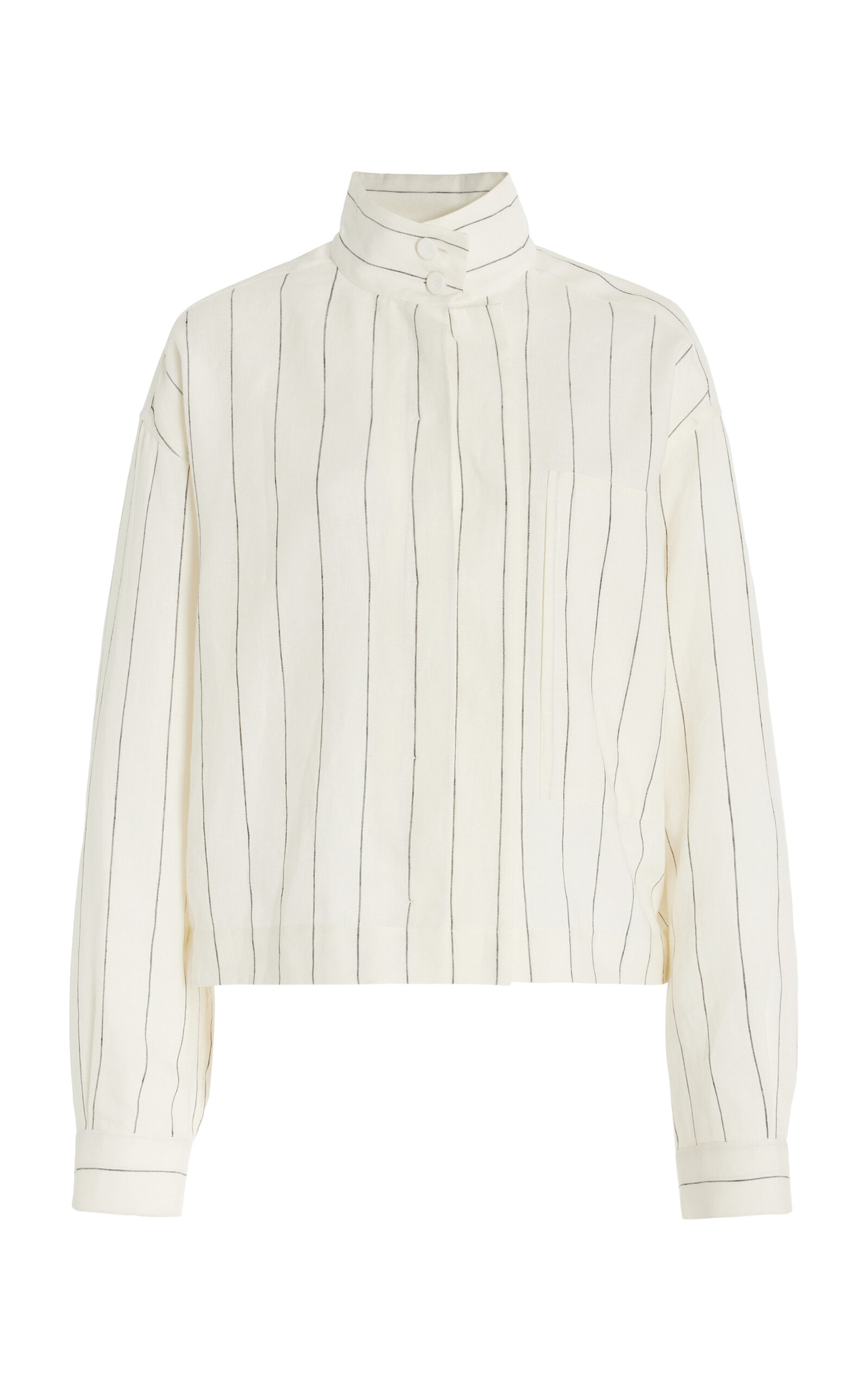 Pleated Striped-Linen Cropped Shirt