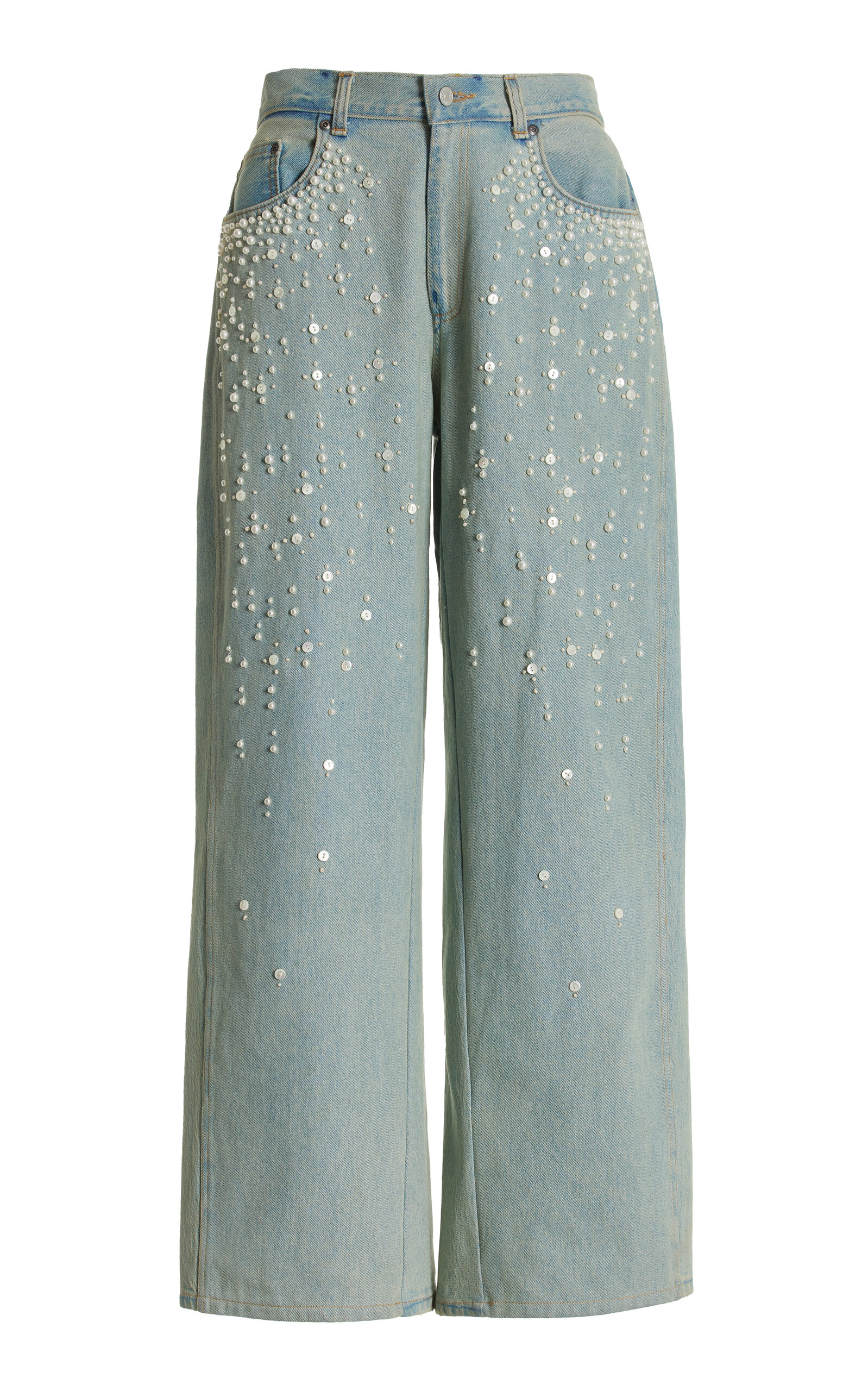 Shop Sea Perlette Embellished Rigid Low-rise Wide-leg Jeans In Blue