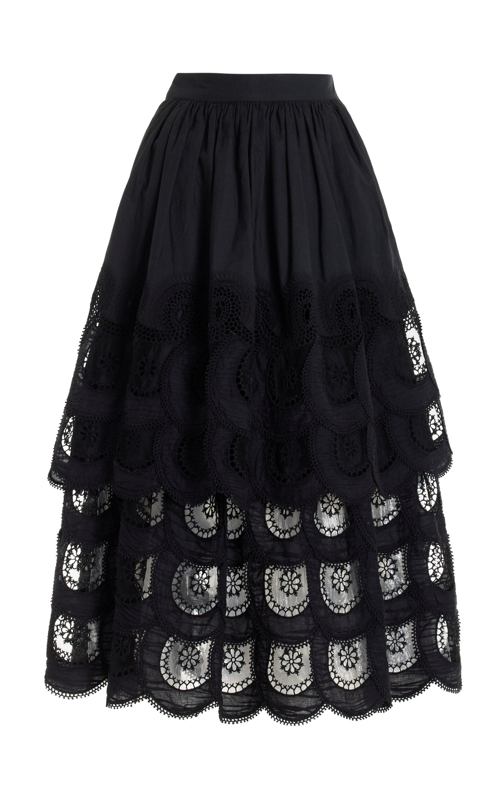 Shop Sea Drea Embroidered Cotton Tiered Midi Skirt In Black