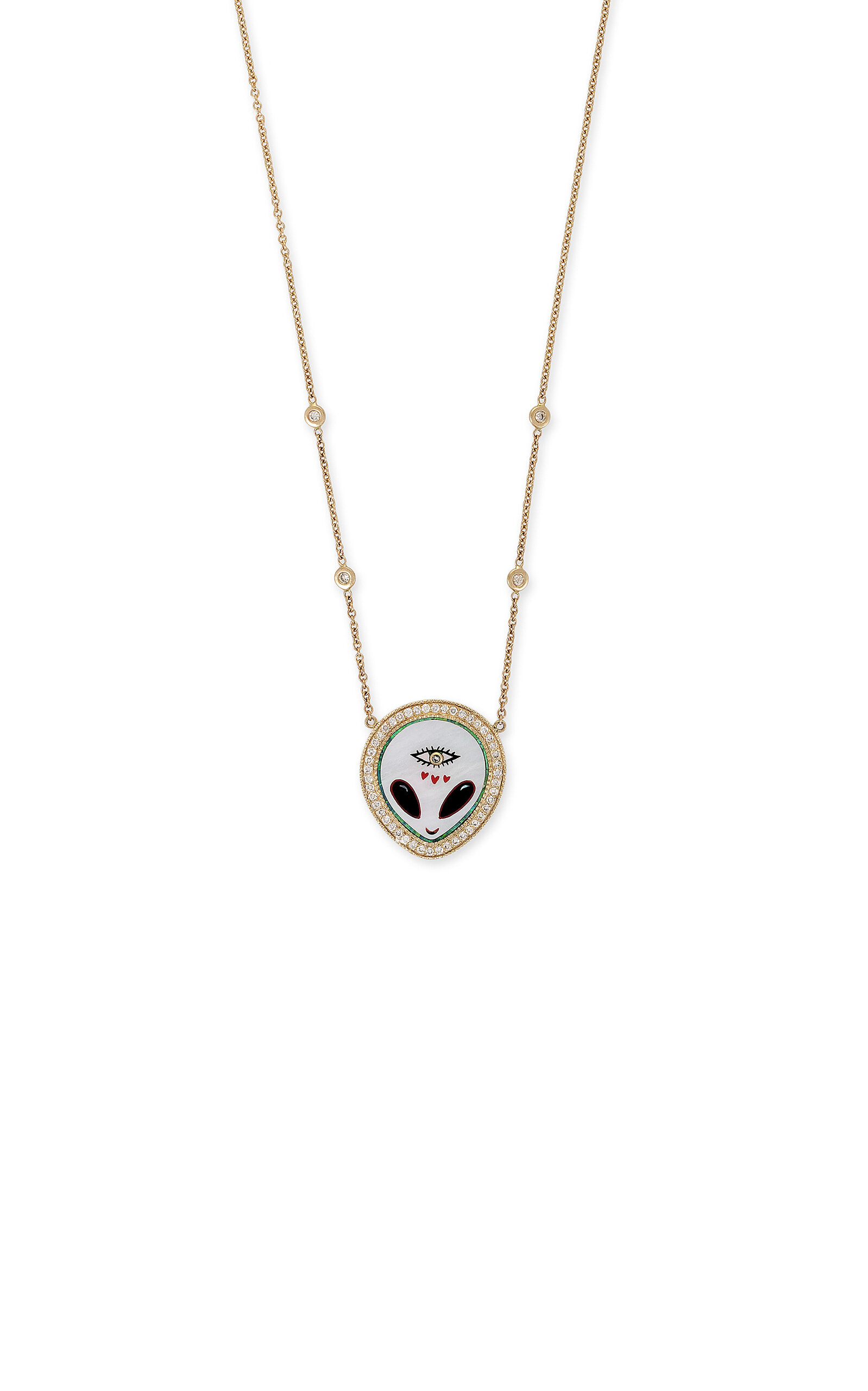 Jacquie Aiche Small Alien 14k Yellow Gold Diamond; Pearl; Onyx Necklace In White